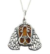 Silver Baltic amber spaniel pendant necklace with stone set eyes