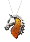 Silver Baltic amber horse pendant