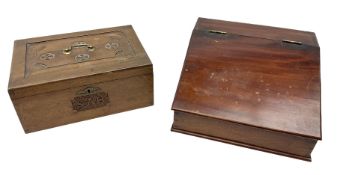 20th century oak writing slope with ornate brass escutcheon