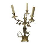 Gilt metal three branch baluster stem table candelabra table lamp with foliage detail