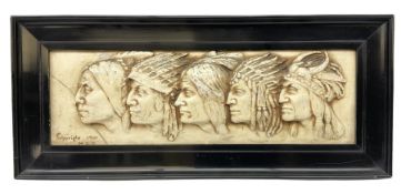 Framed cast ceramic wall plaque depicting five native americans