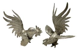 Pair of silver plated fighting cockerel figures