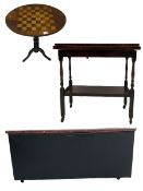 Victorian ebonised and walnut pedestal games table with chessboard top