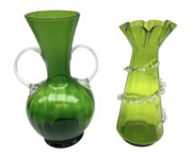 Murano green glass twin handled vase