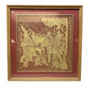 Red and gold textured picture of an Indian procession with elephants 49cm x 47cm