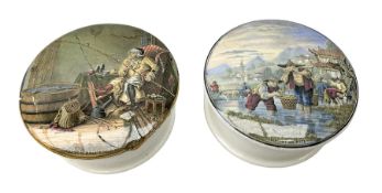 Two Victorian coloured pot lids and bases