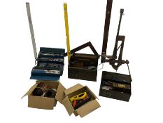 Large engineer's floor/bench vice; four boxes of various tools including socket sets