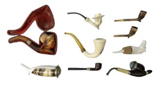 Carved meerschaum and amber pipe with silver mount