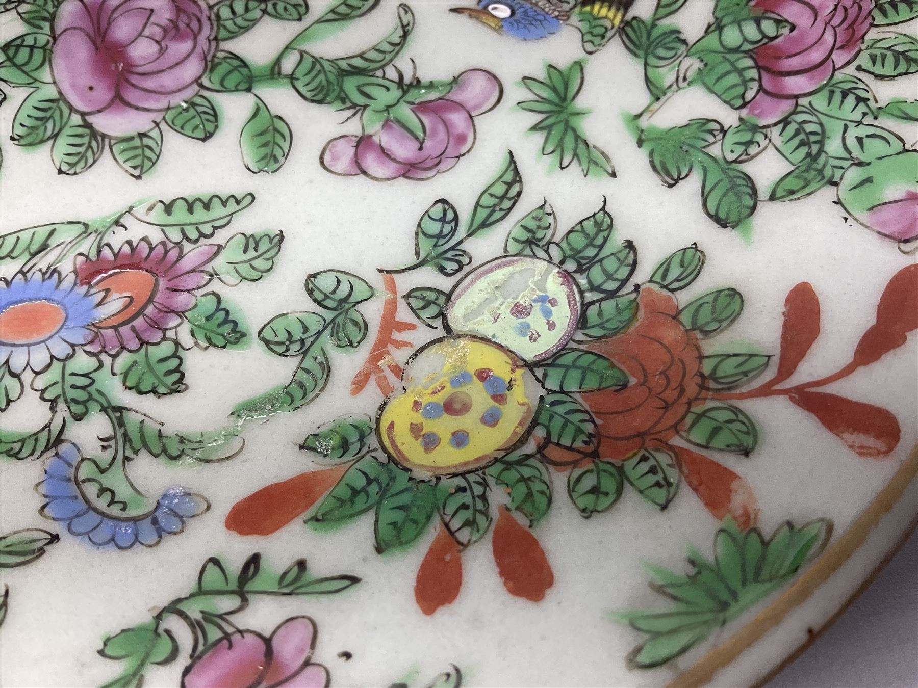 Three Chinese celadon plates decorated in the Famille Rose palette with enamelled birds - Image 4 of 5