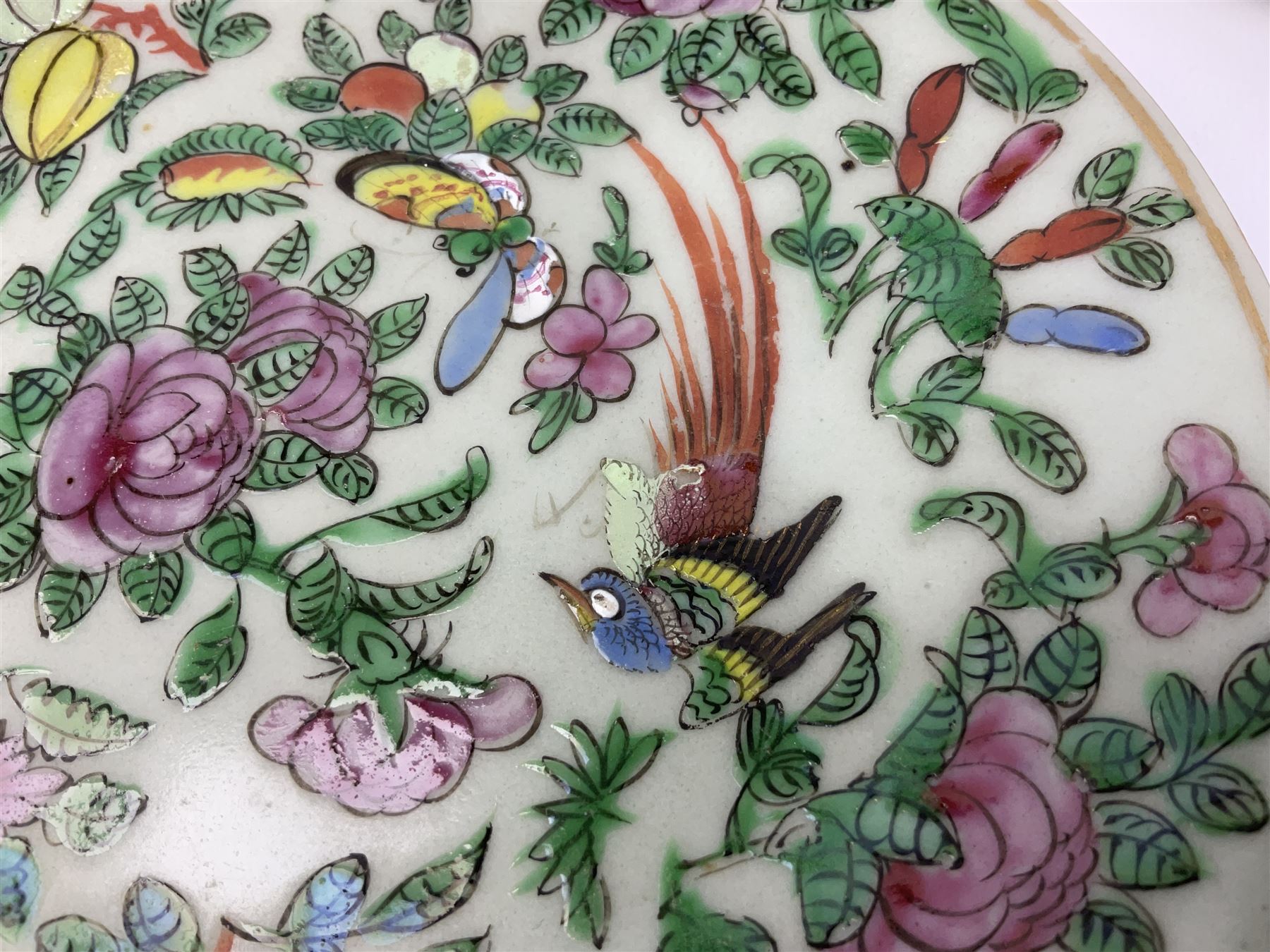 Three Chinese celadon plates decorated in the Famille Rose palette with enamelled birds - Image 3 of 5