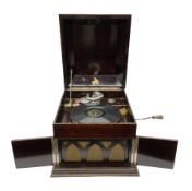 Early 20th century wind up gramophone set in a wooden case with twin door sound hole to the front an