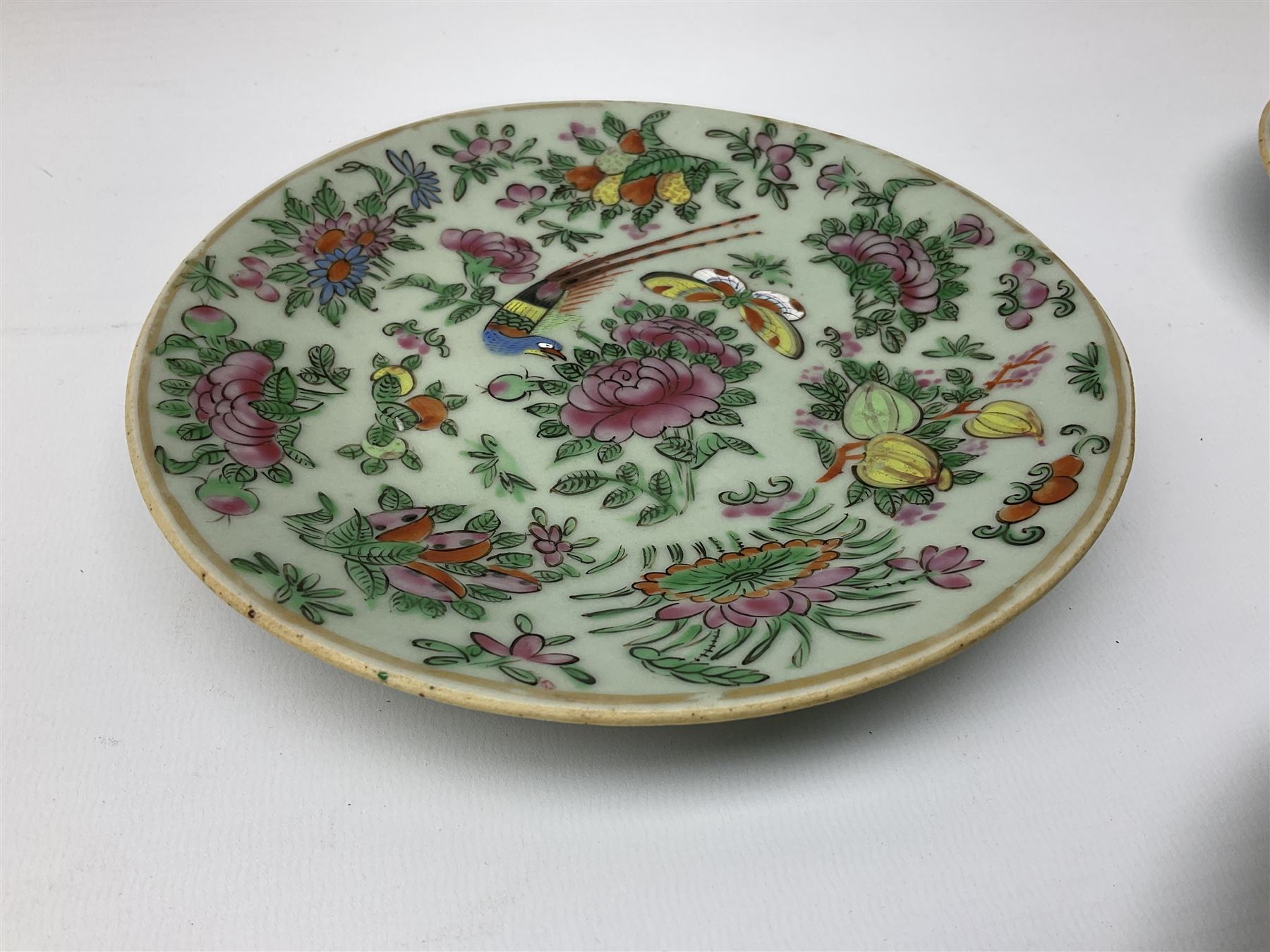 Three Chinese celadon plates decorated in the Famille Rose palette with enamelled birds - Image 2 of 5