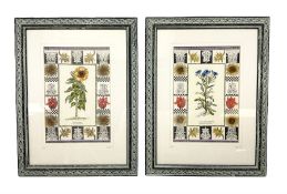 Pair of embroidered panels worked with floral studies of Greater Sunflower and Double Blew-Bottles