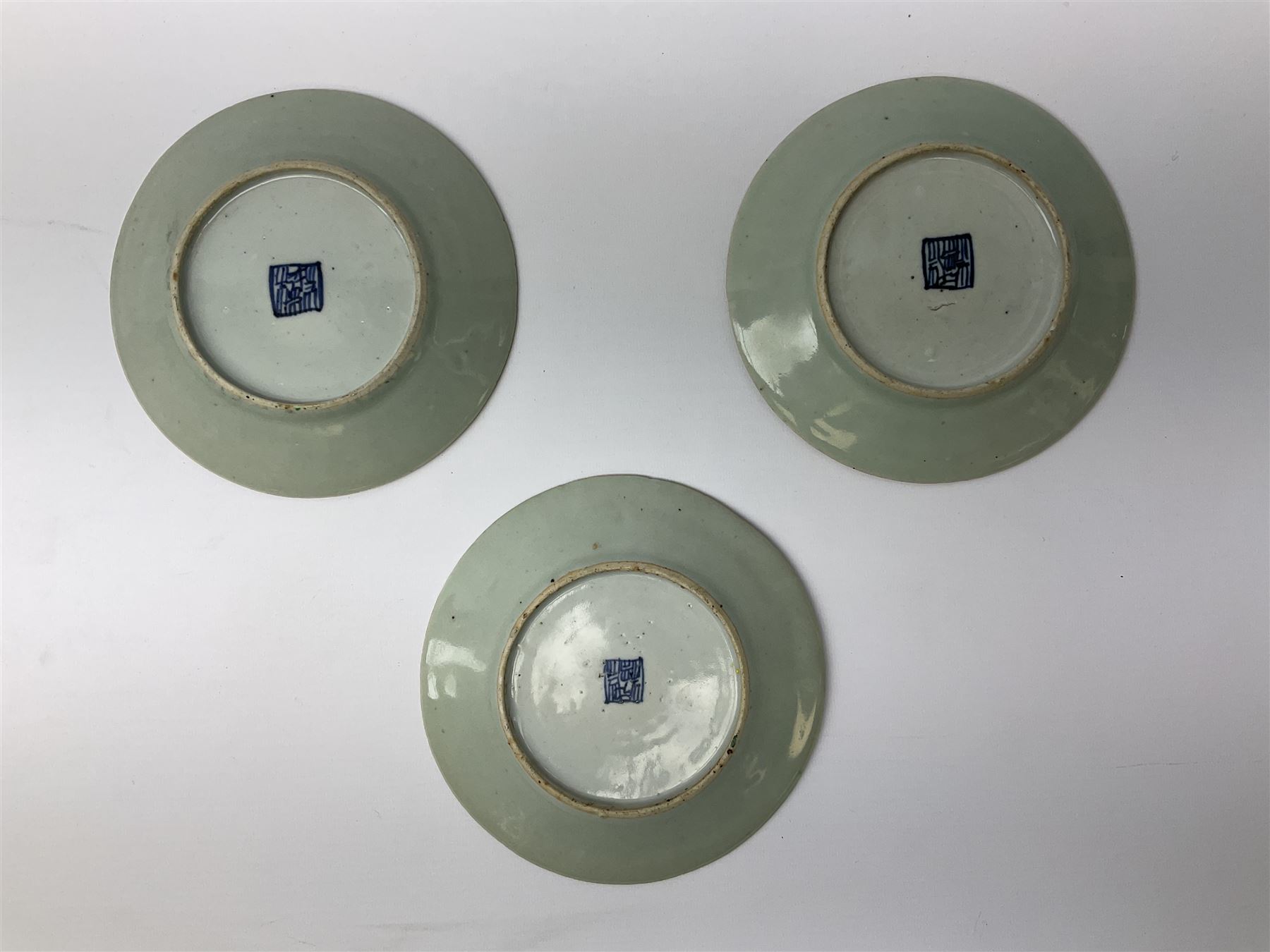 Three Chinese celadon plates decorated in the Famille Rose palette with enamelled birds - Image 5 of 5