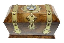 Victorian brass banded walnut tea caddy of sarcophagal form