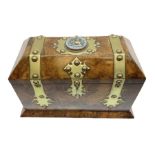 Victorian brass banded walnut tea caddy of sarcophagal form