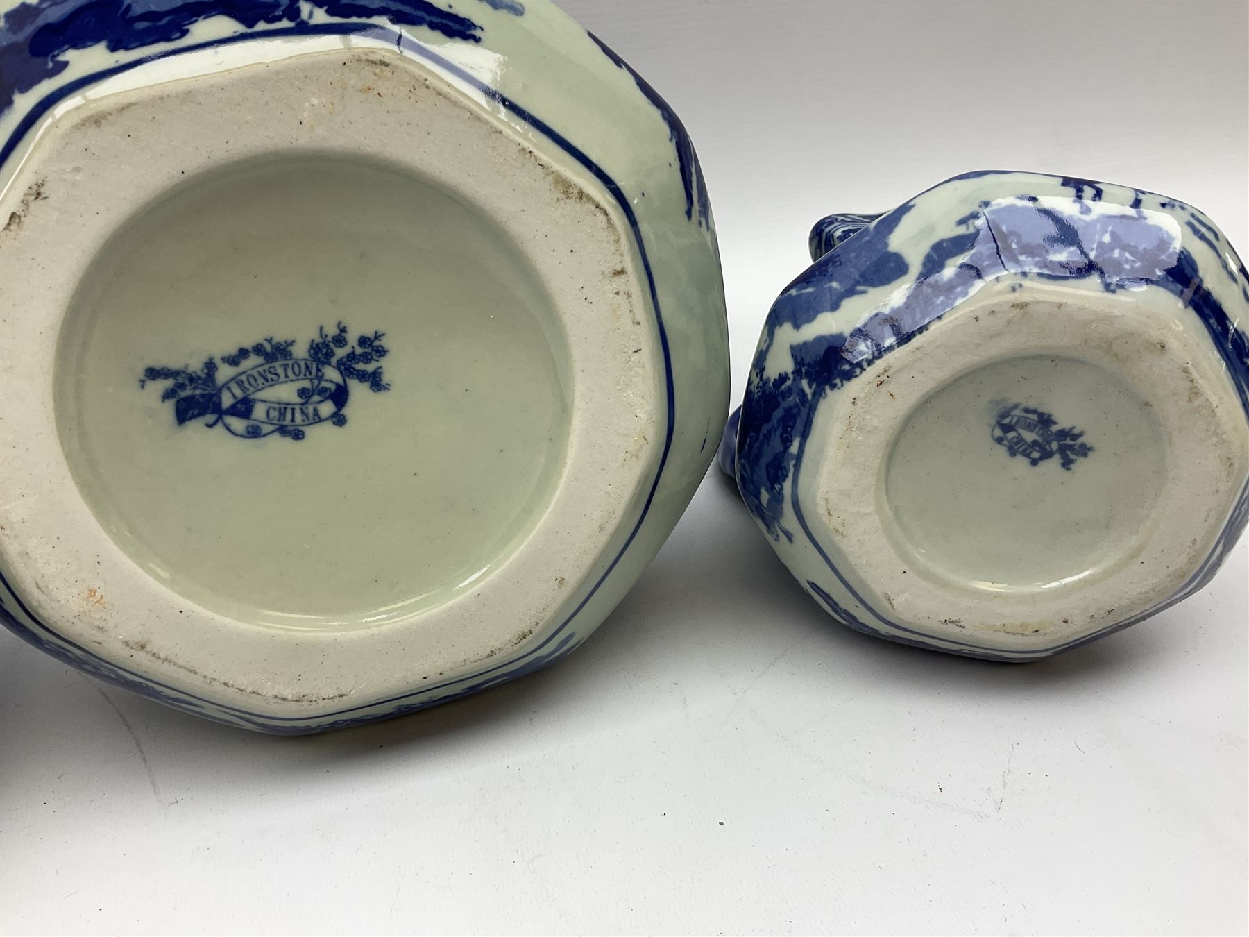 Set of four blue and white ironstone graduated jugs decorated with town scenes - Image 6 of 6