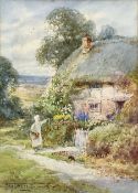 Henry John Sylvester Stannard (British 1870-1951): 'Who'll Buy?' Gypsy Girl at a Thatched Cottage Ga