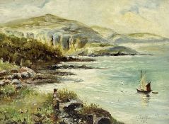 T Joelson (British early 20th century): Coastal Seascape with Figure and Sailing Boat
