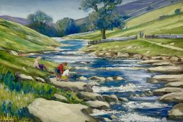 Leslie I Warburton (British 1917-2014): Children Playing in River