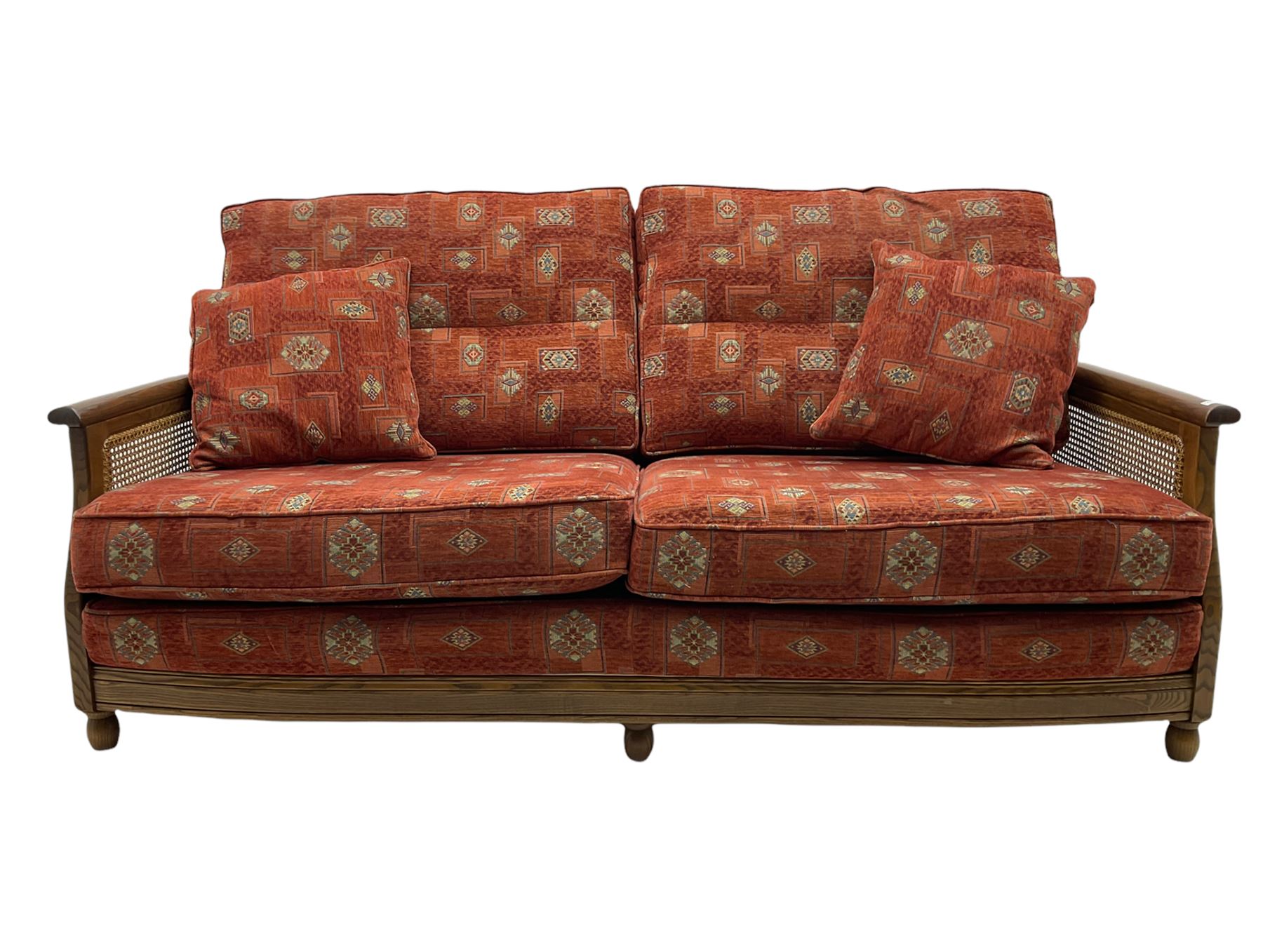 Ercol medium elm framed three seat bergere sofa - Image 2 of 14