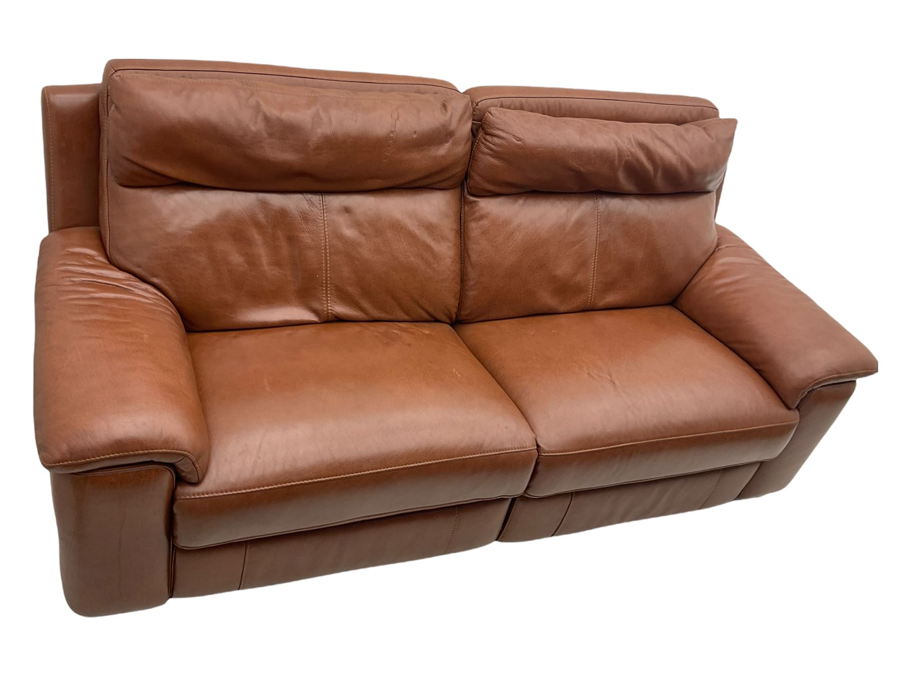 Three electric reclining sofa upholstered in tan leather - Image 4 of 23