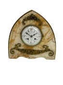 A 20th century French art-deco mantle clock in an amber-veined marble lancet shaped case with applie