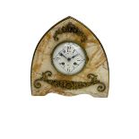 A 20th century French art-deco mantle clock in an amber-veined marble lancet shaped case with applie