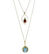Gold garnet owl pendant necklace and gold blue topaz pendant necklace