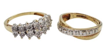 Gold diamond crossover ring and a two row diamond chip ring