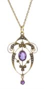 Edwardian gold amethyst and seed pearl pendant
