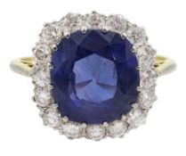 18ct gold cushion cut unheated sapphire and diamond cluster ring