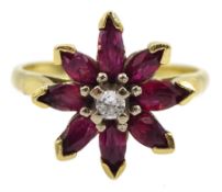 18ct gold marquise shaped ruby and round brilliant cut diamond flower head cluster ring
