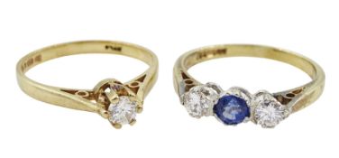 Gold three stone diamond and sapphire ring and a gold single stone diamond ring