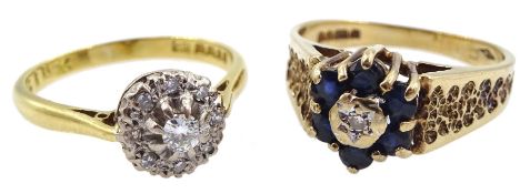 18ct gold diamond cluster ring and a 9ct gold sapphire and diamond cluster ring