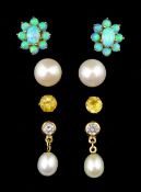 Pair of gold pearl and cubic zirconia pendant stud earrings