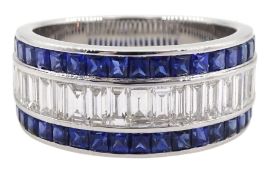 18ct white gold baguette cut diamond and princess cut sapphire