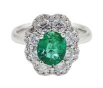 18ct white gold oval emerald and diamond cluster ring
