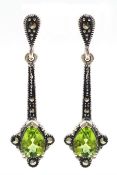 Pair of silver peridot and marcasite pendant earrings