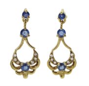Pair of 9ct gold sapphire and diamond pendant earrings