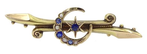 15ct gold sapphire and split pearl star and crescent brooch