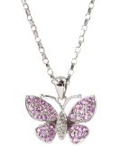 9ct white gold pave set diamond and pink sapphire butterfly pendant necklace