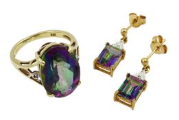 Gold oval Mystic topaz ring and similar pair of gold stud earrings