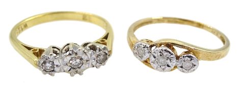 18ct gold illusion set three stone diamond ring and a 9ct gold crossover ring