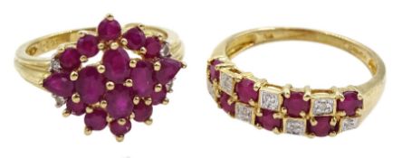 Gold ruby and diamond cluster ring and a ruby and diamond two row half eternity ring