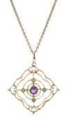 Edwardian 9ct rose gold amethyst and seed pearl pendant