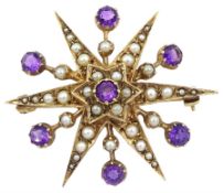 Victorian style 9ct gold amethyst and pearl star brooch