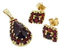 Pair of 18ct gold garnet cluster stud earrings and a 14ct gold garnet cluster pendant