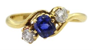 Early-mid 20th century gold three stone diamond and sapphire ring