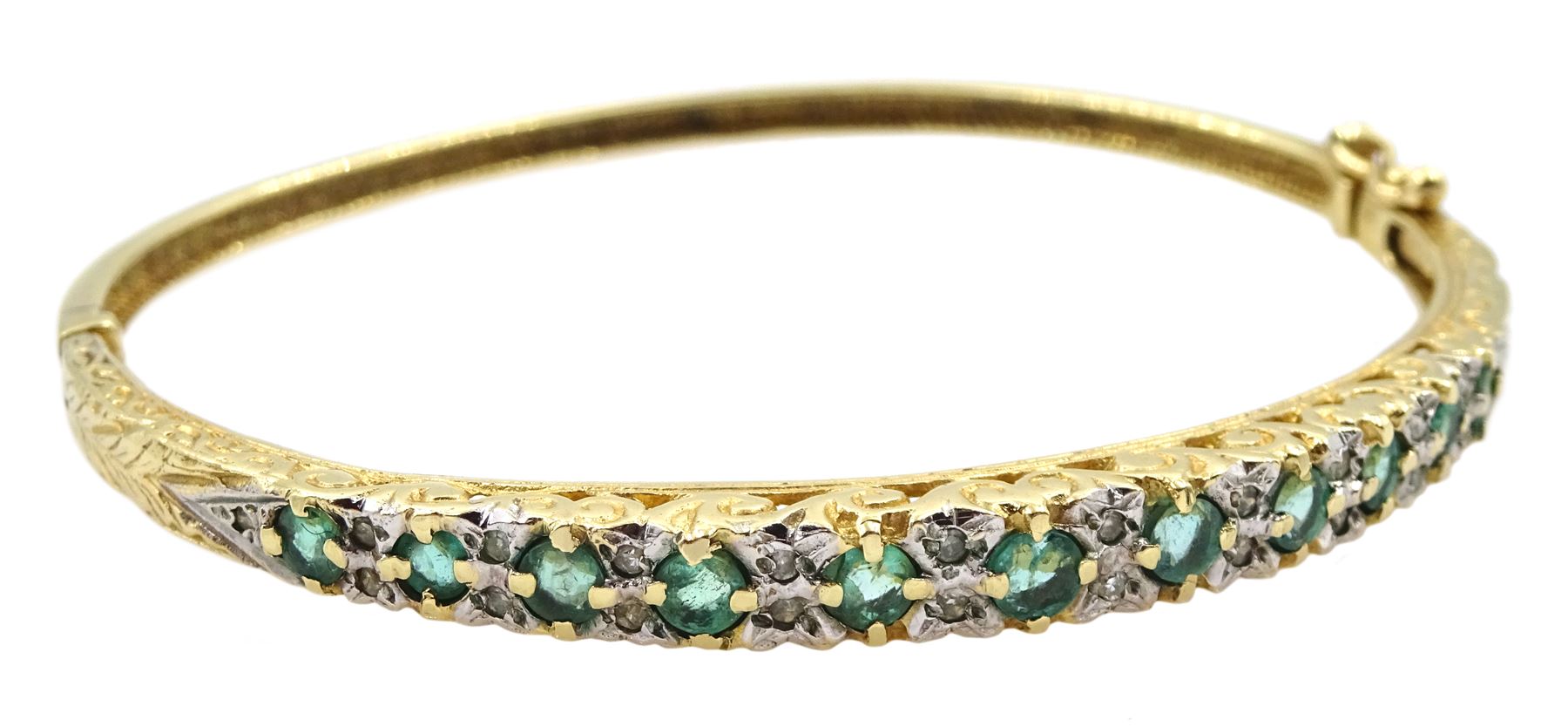 9ct gold graduating round emerald and diamond hinged bangle